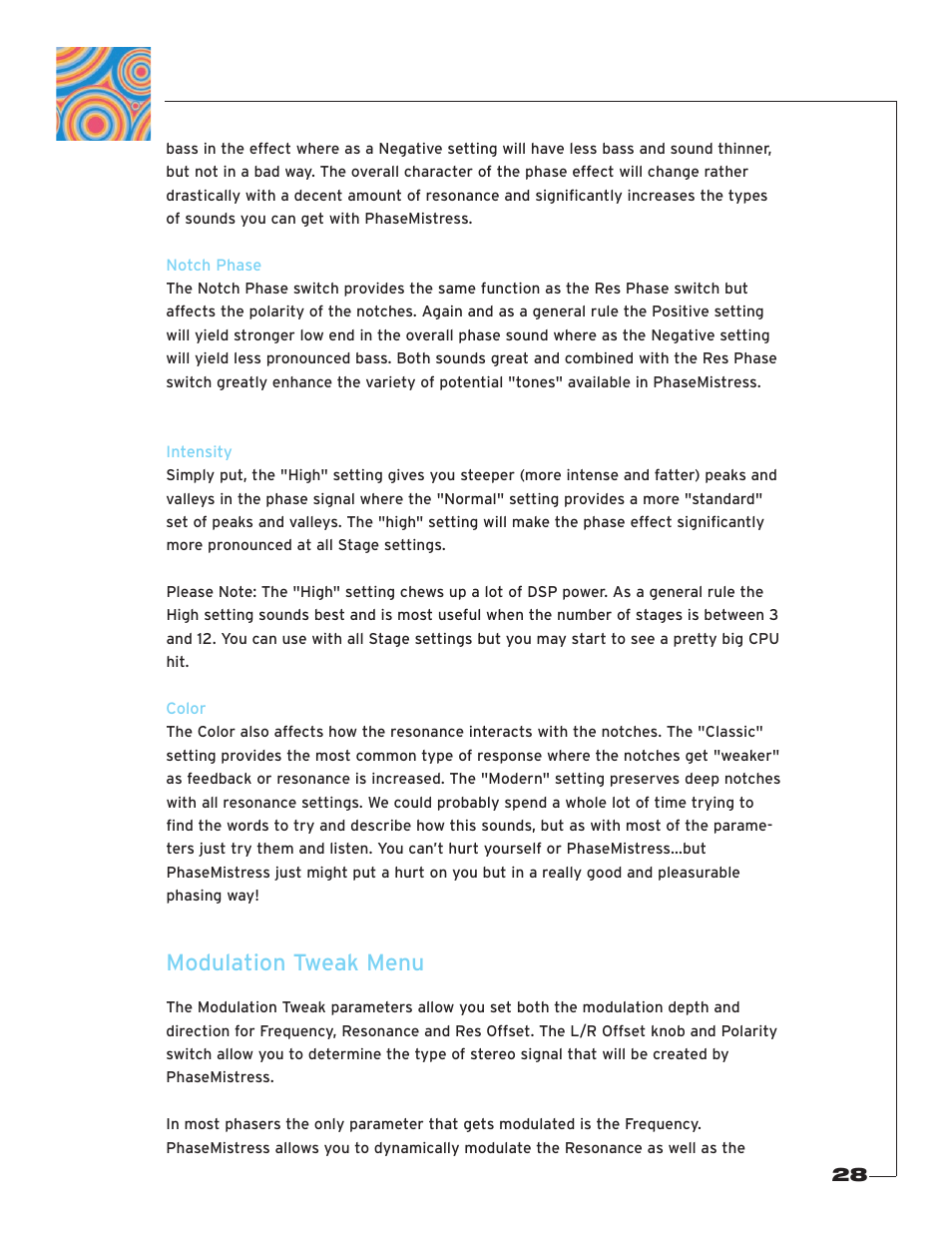 Notch phase, Intensity, Color | Modulation tweak menu | Soundtoys PhaseMistress User Manual | Page 28 / 46