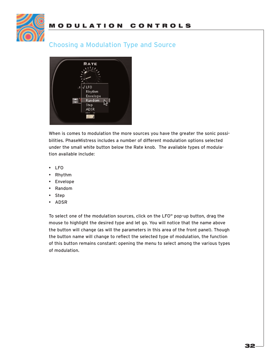 M o d u l a t i o n c o n t r o l s, Choosing a modulation type and source | Soundtoys PhaseMistress User Manual | Page 32 / 46