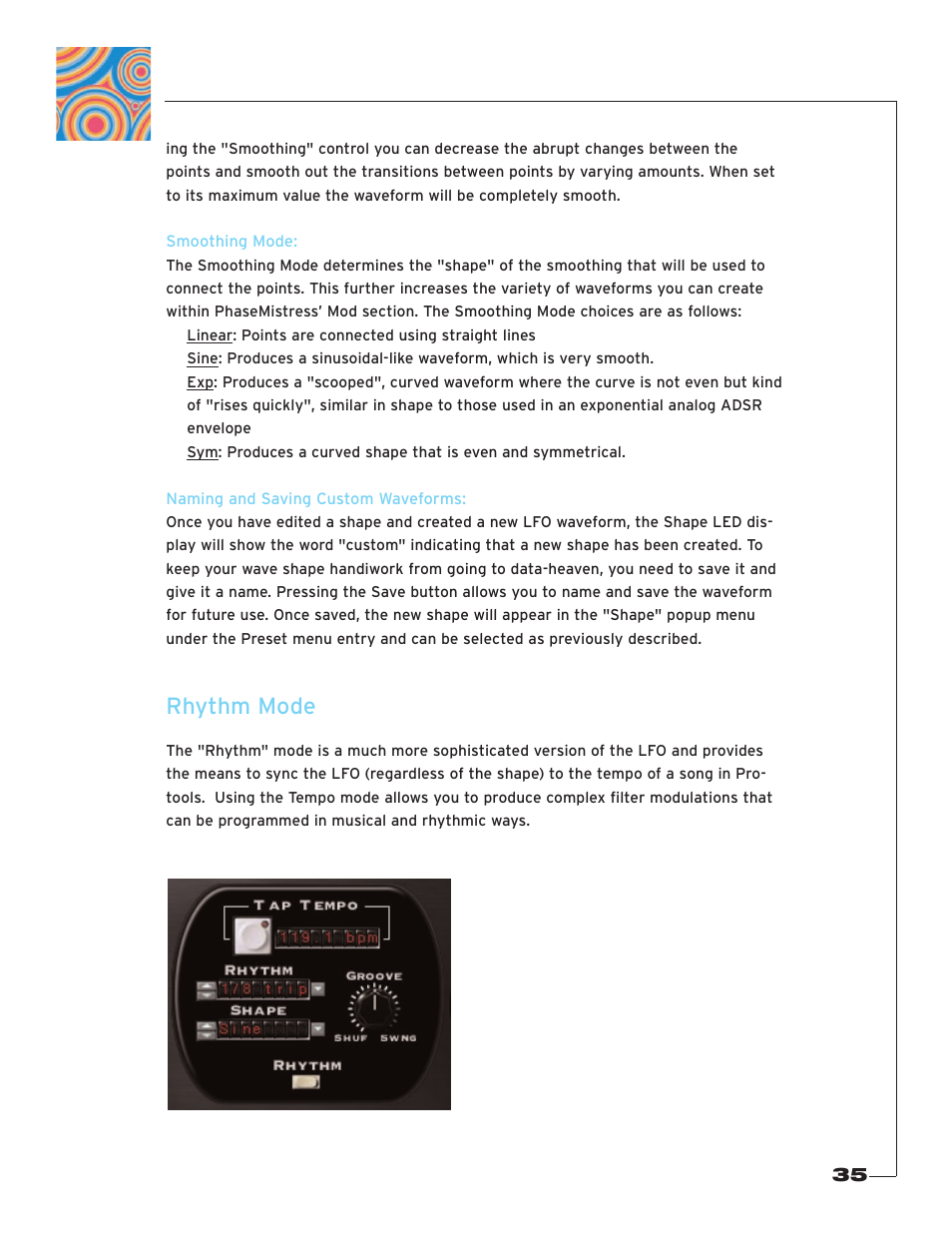 Smoothing mode, Naming and saving custom waveforms, Rhythm mode | Soundtoys PhaseMistress User Manual | Page 35 / 46