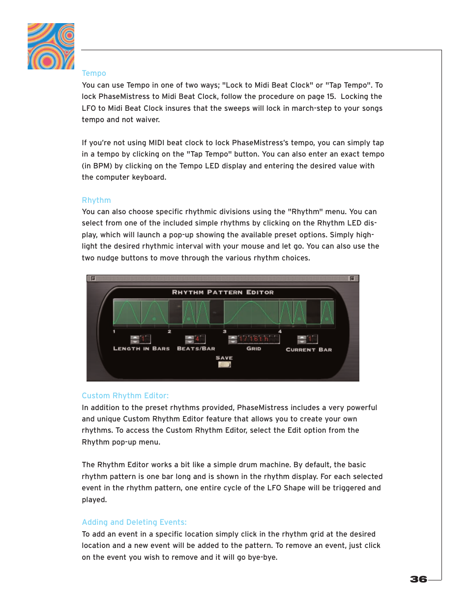 Tempo, Rhythm, Custom rhythm editor | Adding and deleting events | Soundtoys PhaseMistress User Manual | Page 36 / 46