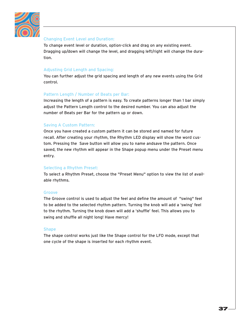 Changing event level and duration, Adjusting grid length and spacing, Pattern length / number of beats per bar | Saving a custom pattern, Selecting a rhythm preset, Groove, Shape | Soundtoys PhaseMistress User Manual | Page 37 / 46