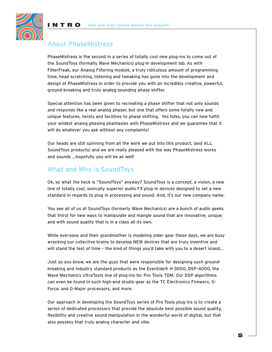I n t r o, About phasemistress, What and who is soundtoys | Soundtoys PhaseMistress User Manual | Page 5 / 46