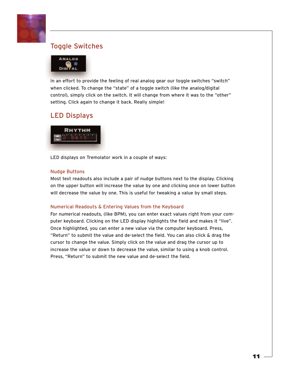 Toggle switches, Led displays, Nudge buttons | Soundtoys Tremolator User Manual | Page 11 / 36