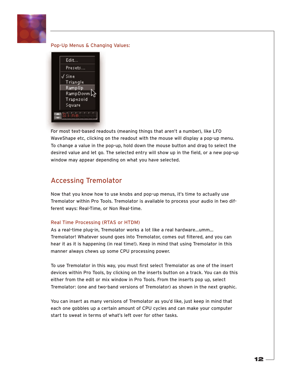 Pop-up menus & changing values, Accessing tremolator, Real time processing (rtas or htdm) | Soundtoys Tremolator User Manual | Page 12 / 36