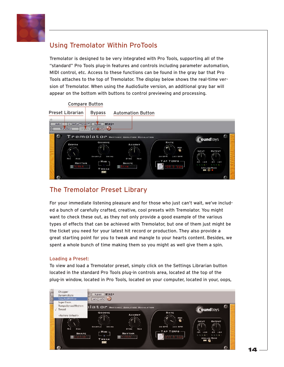 Using tremolator within protools, The tremolator preset library, Loading a preset | Soundtoys Tremolator User Manual | Page 14 / 36