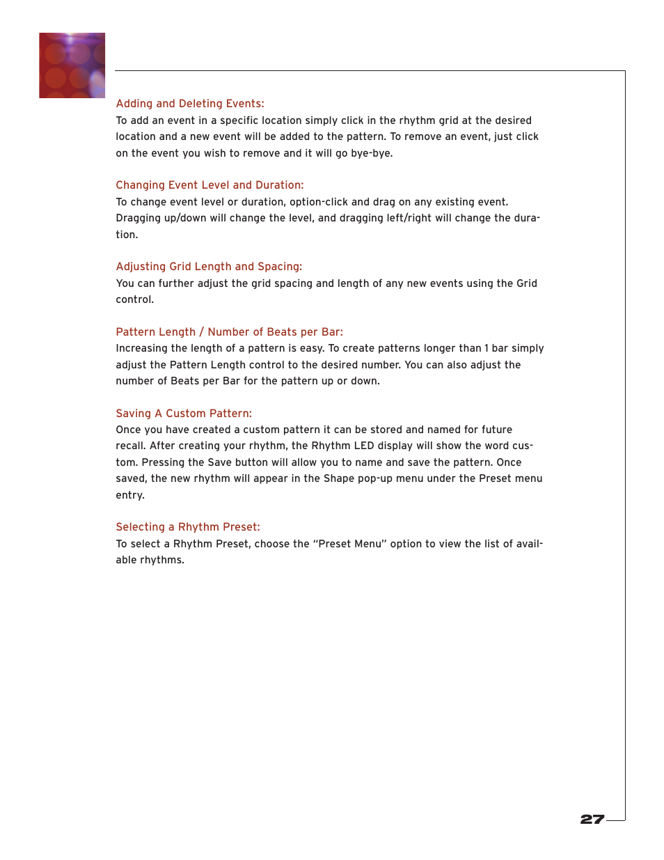 Adding and deleting events, Changing event level and duration, Adjusting grid length and spacing | Pattern length / number of beats per bar, Saving a custom pattern, Selecting a rhythm preset | Soundtoys Tremolator User Manual | Page 27 / 36