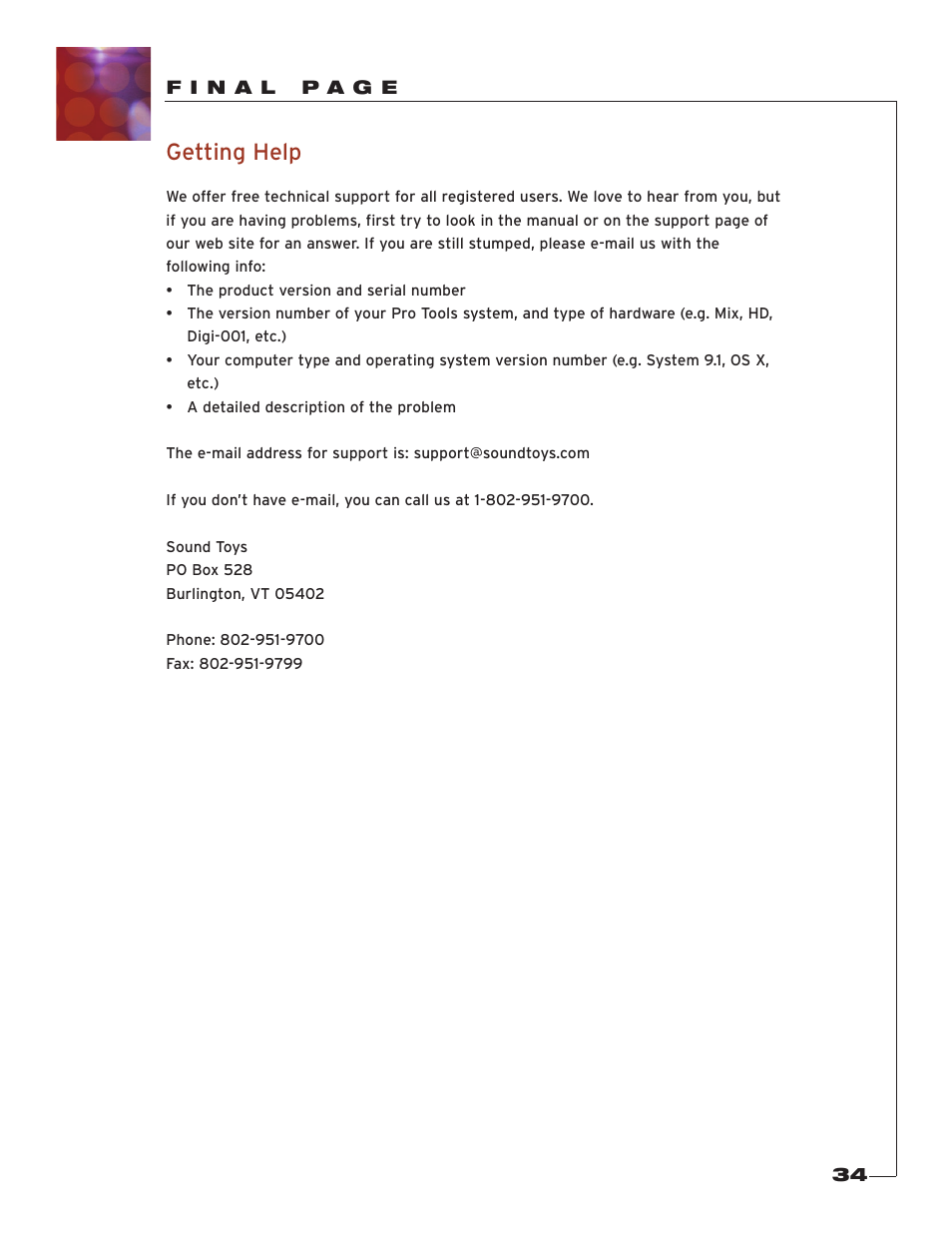 F i n a l p a g e, Getting help | Soundtoys Tremolator User Manual | Page 34 / 36