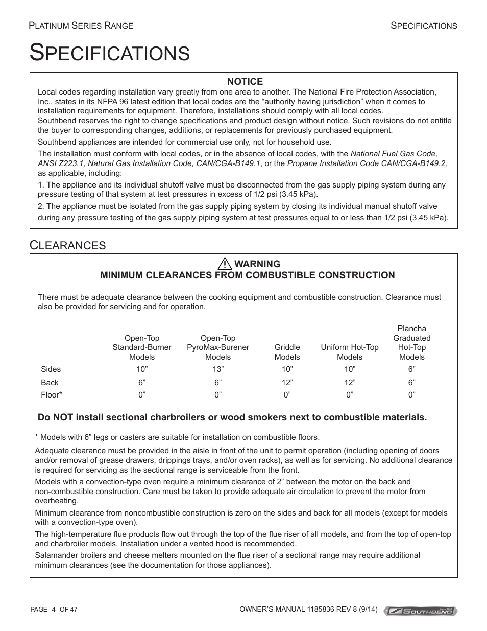 Pecifications, Learances | Southbend P32N-TT User Manual | Page 4 / 54