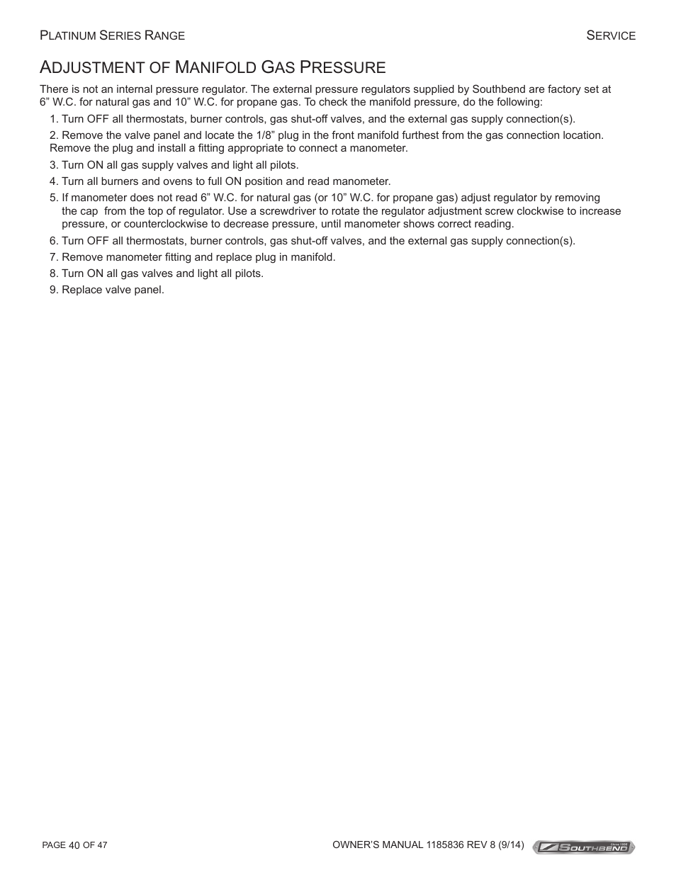 Djustment of, Anifold, Ressure | Southbend P32N-TT User Manual | Page 40 / 54
