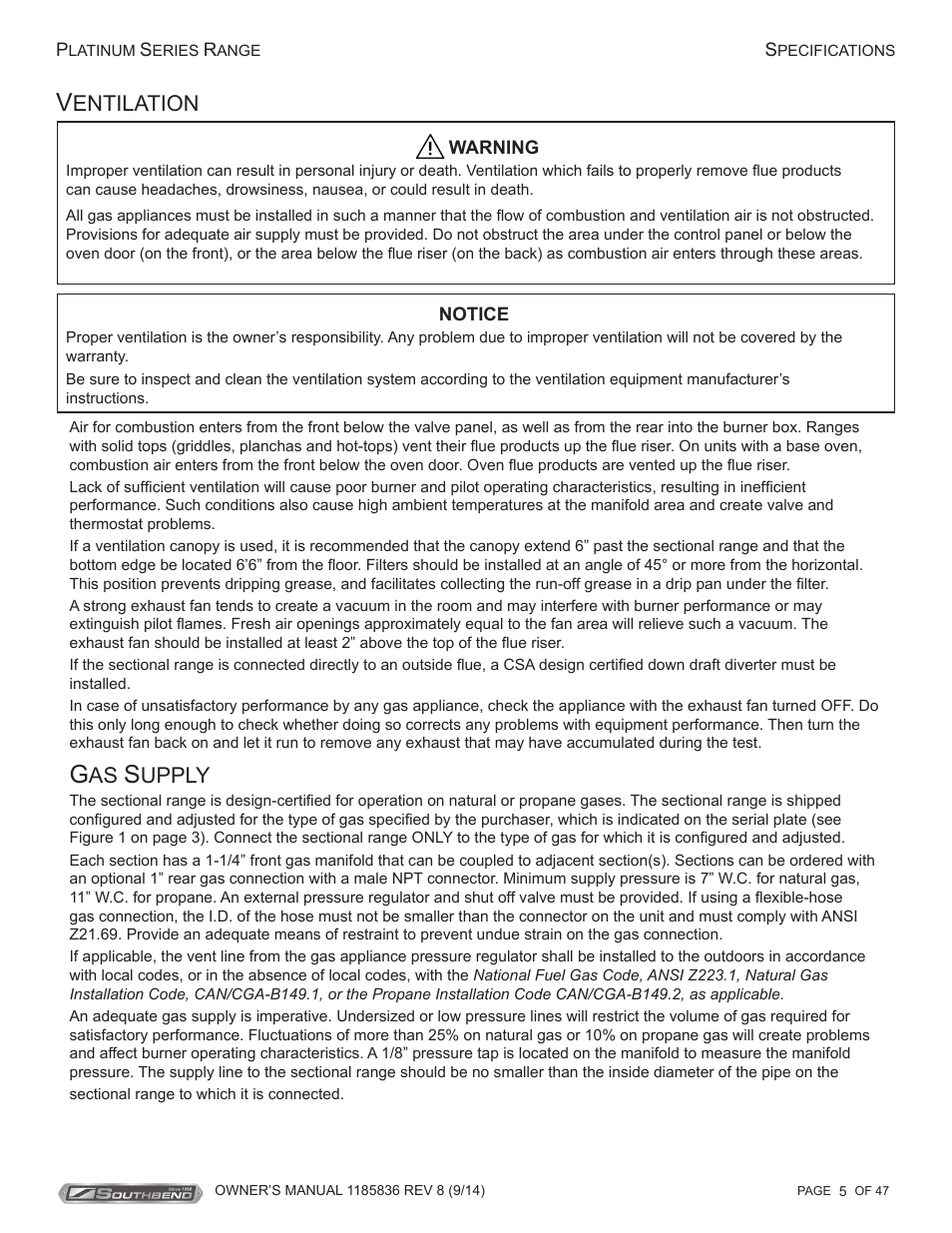 Entilation, Upply | Southbend P32N-TT User Manual | Page 5 / 54