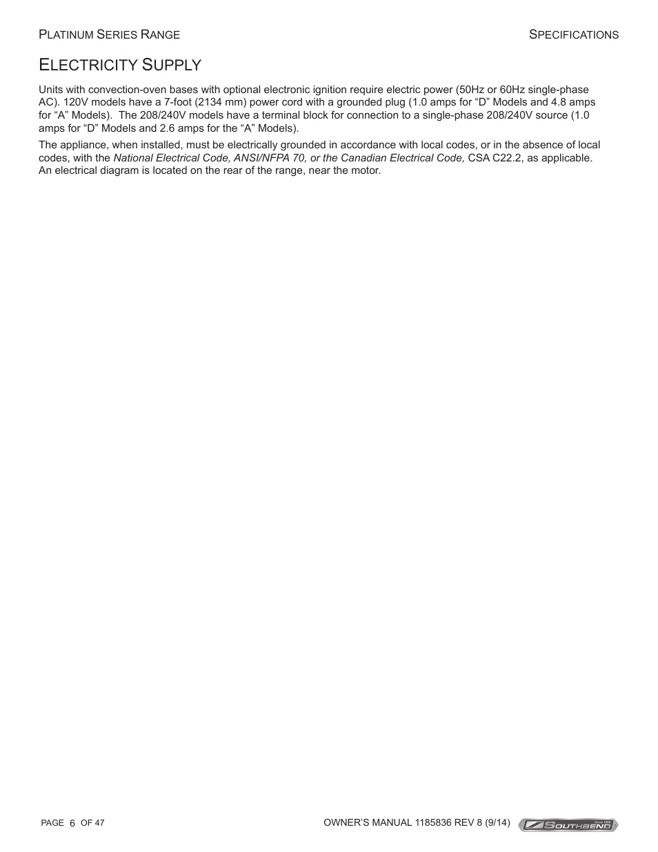 Lectricity, Upply | Southbend P32N-TT User Manual | Page 6 / 54
