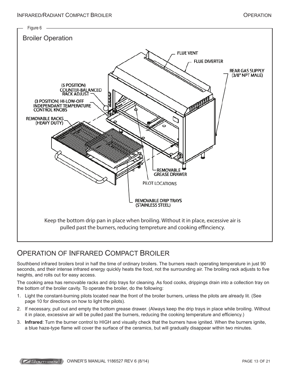 Peration of, Nfrared, Ompact | Roiler, Broiler operation | Southbend Infrared/Radiant Broilers User Manual | Page 13 / 21