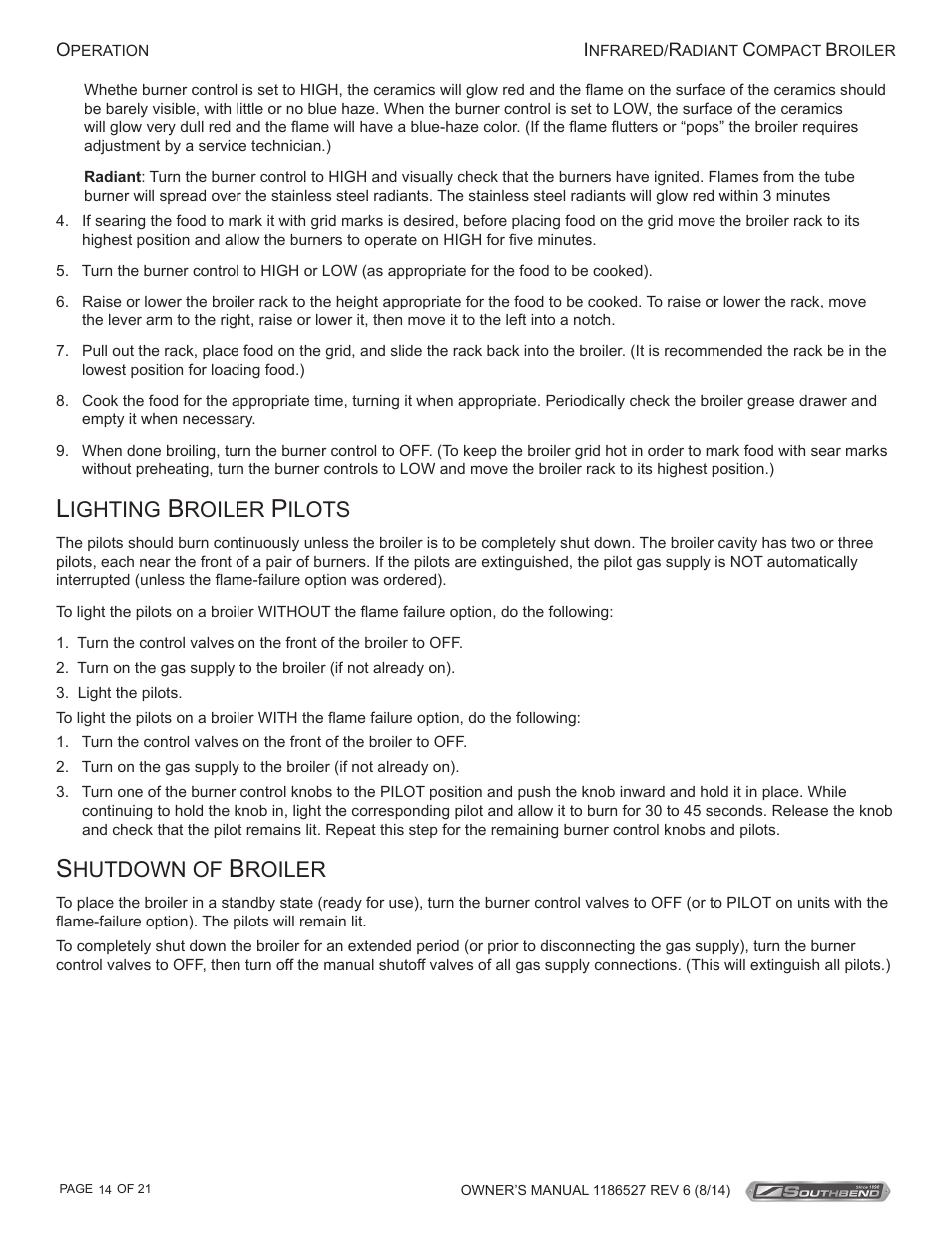 Ighting, Roiler, Ilots | Hutdown of | Southbend Infrared/Radiant Broilers User Manual | Page 14 / 21