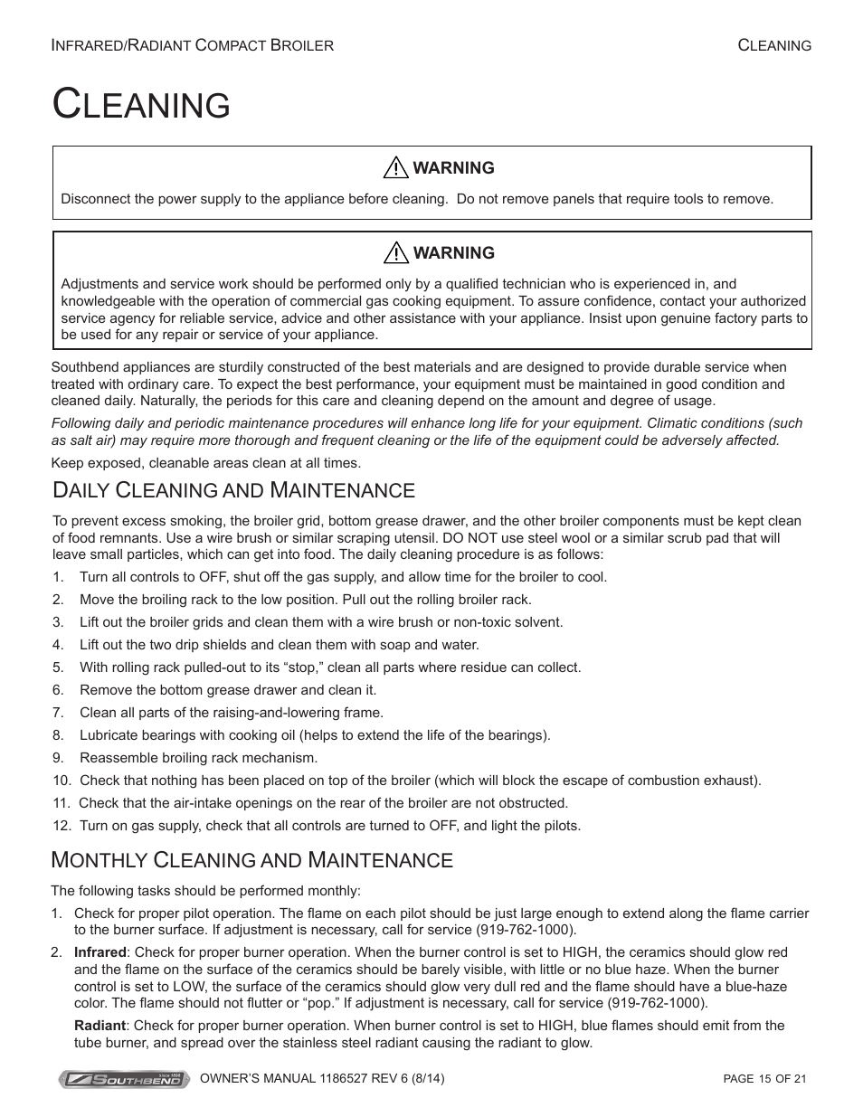 Leaning | Southbend Infrared/Radiant Broilers User Manual | Page 15 / 21