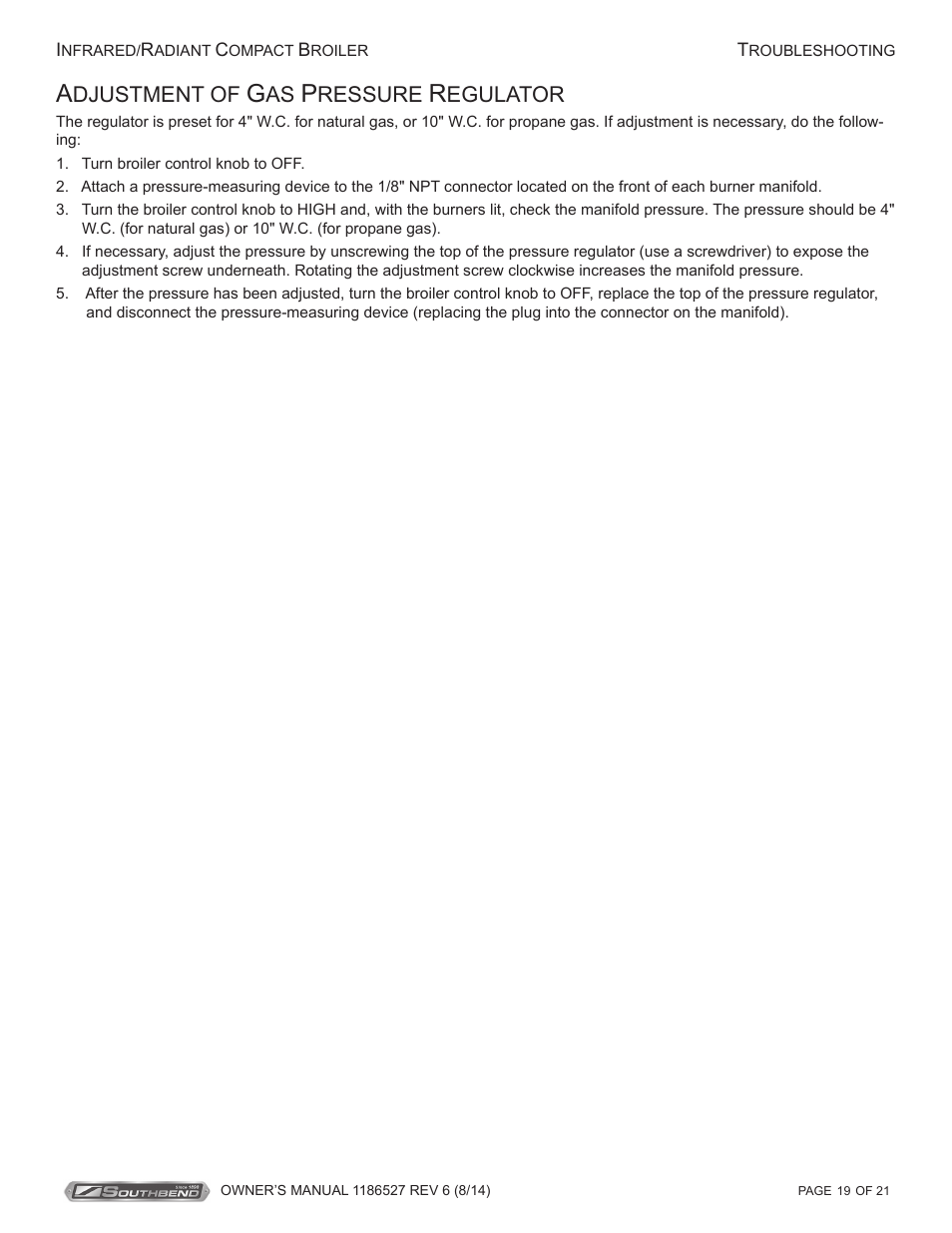 Djustment of, Ressure, Egulator | Southbend Infrared/Radiant Broilers User Manual | Page 19 / 21