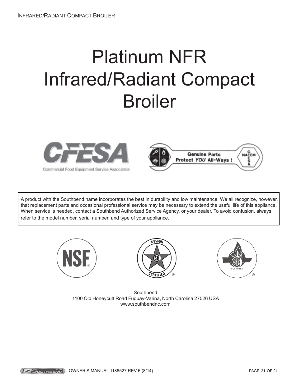 Platinum nfr infrared/radiant compact broiler | Southbend Infrared/Radiant Broilers User Manual | Page 21 / 21