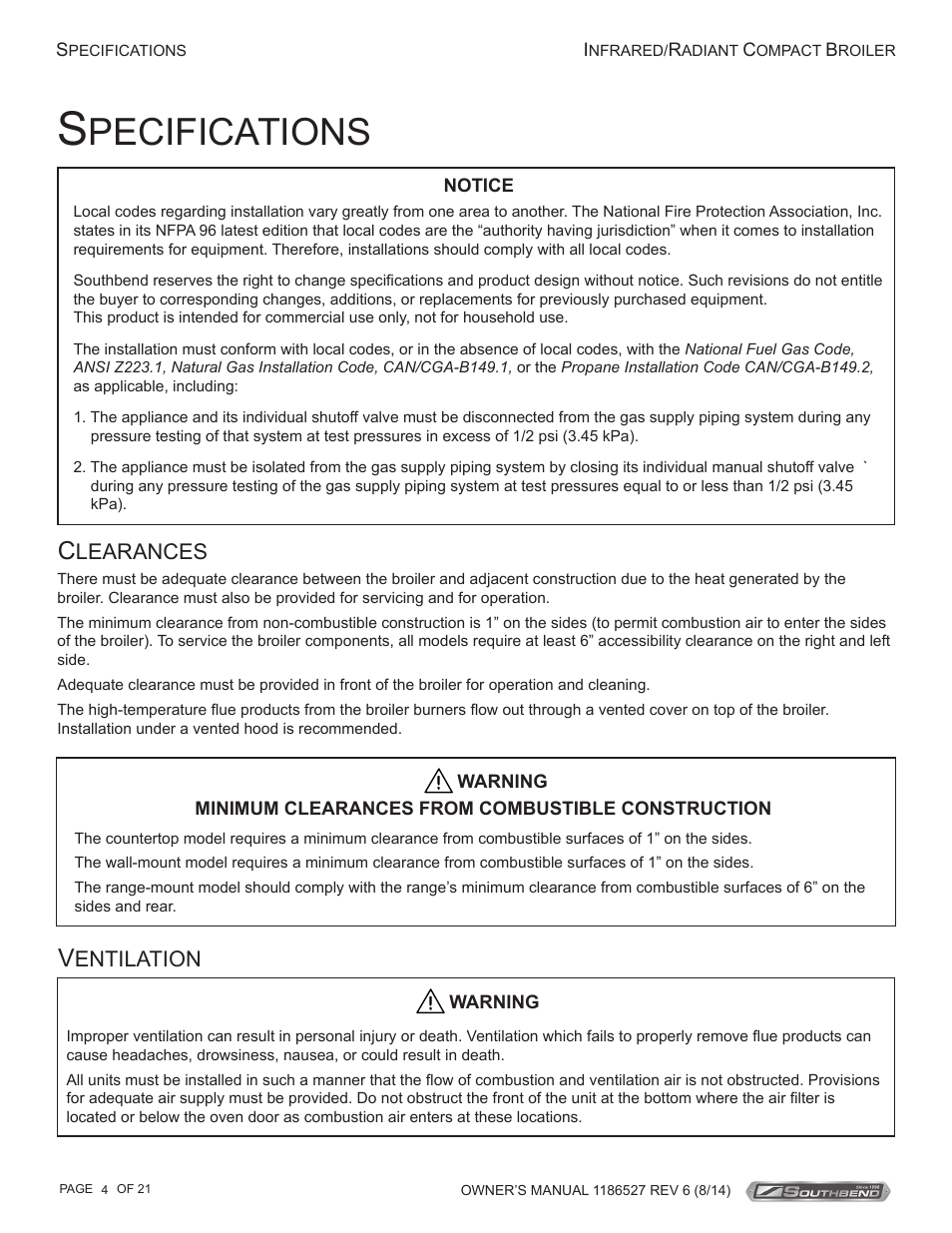 Pecifications, Learances, Entilation | Southbend Infrared/Radiant Broilers User Manual | Page 4 / 21