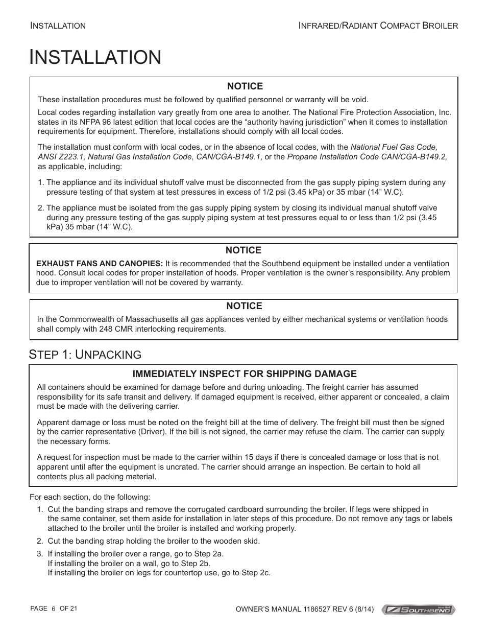 Nstallation, Npacking | Southbend Infrared/Radiant Broilers User Manual | Page 6 / 21