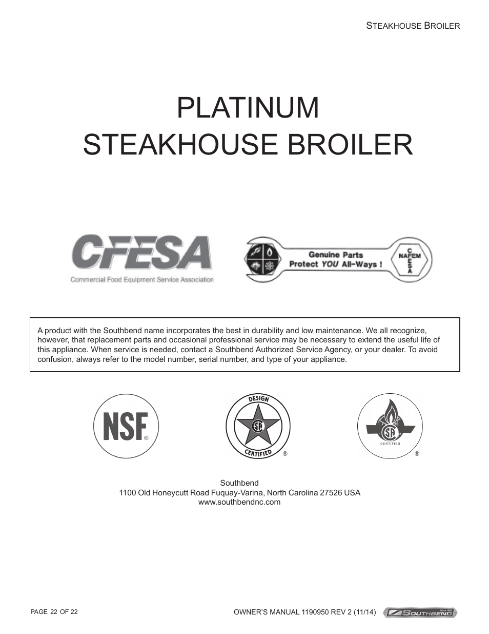 Platinum steakhouse broiler | Southbend Platinum Steakhouse Broiler User Manual | Page 22 / 22