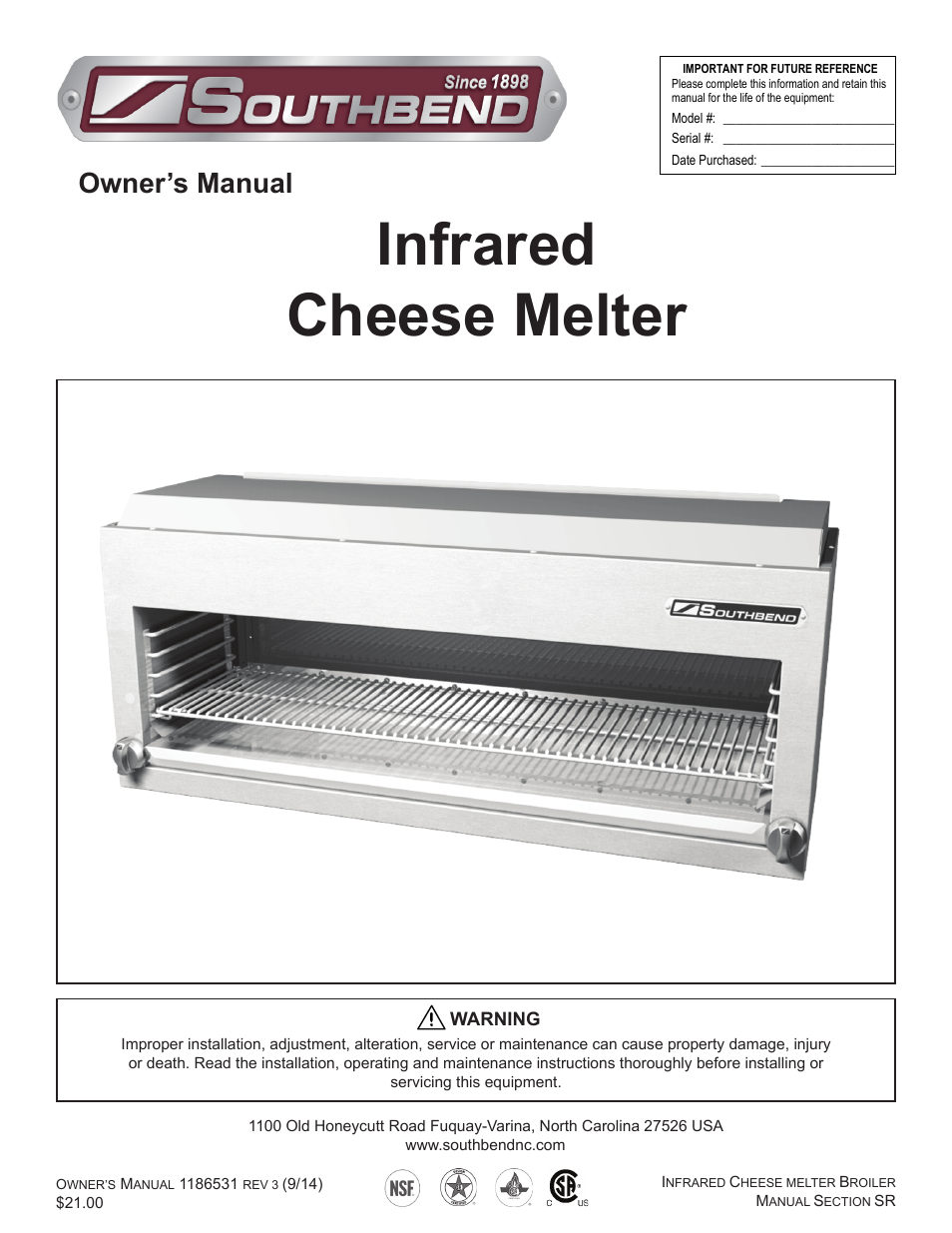 Southbend Cheese Melters User Manual | 22 pages