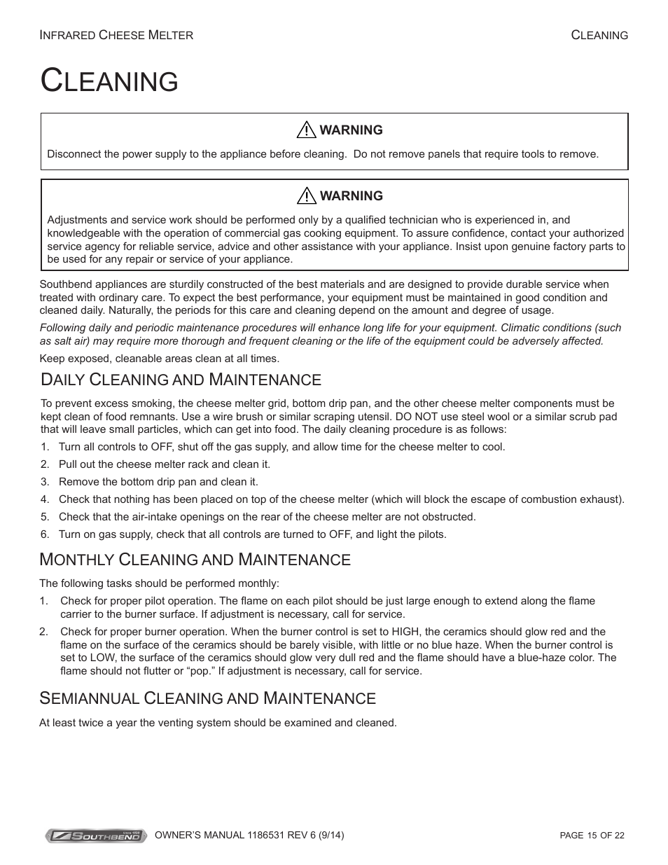 Leaning | Southbend Cheese Melters User Manual | Page 15 / 22