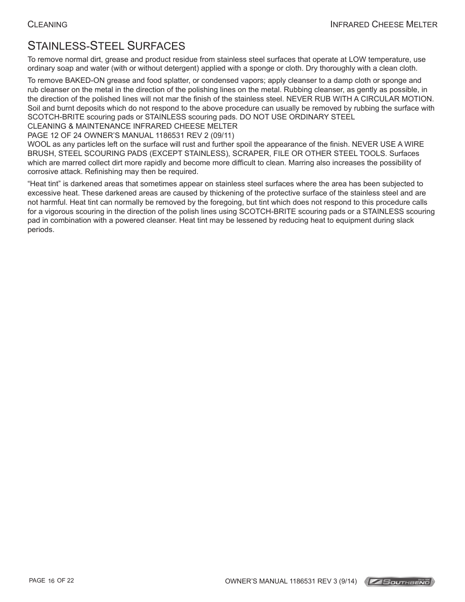 Tainless, Teel, Urfaces | Southbend Cheese Melters User Manual | Page 16 / 22