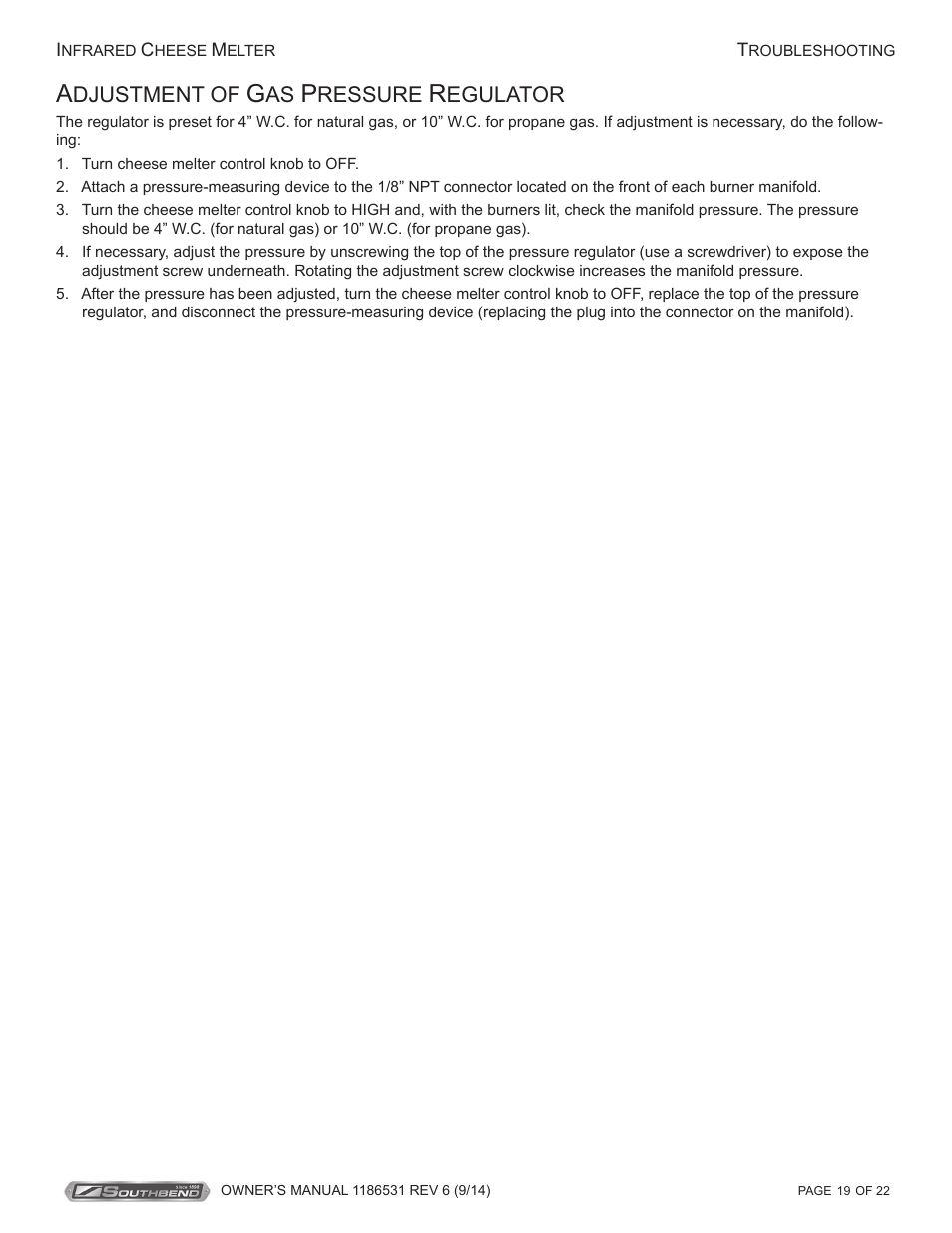 Djustment of, Ressure, Egulator | Southbend Cheese Melters User Manual | Page 19 / 22