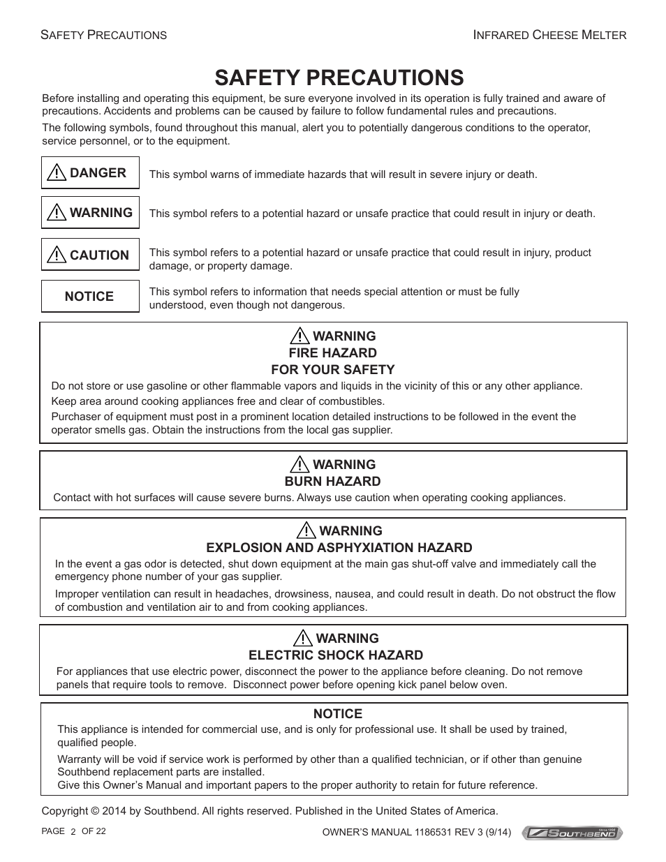 Safety precautions | Southbend Cheese Melters User Manual | Page 2 / 22