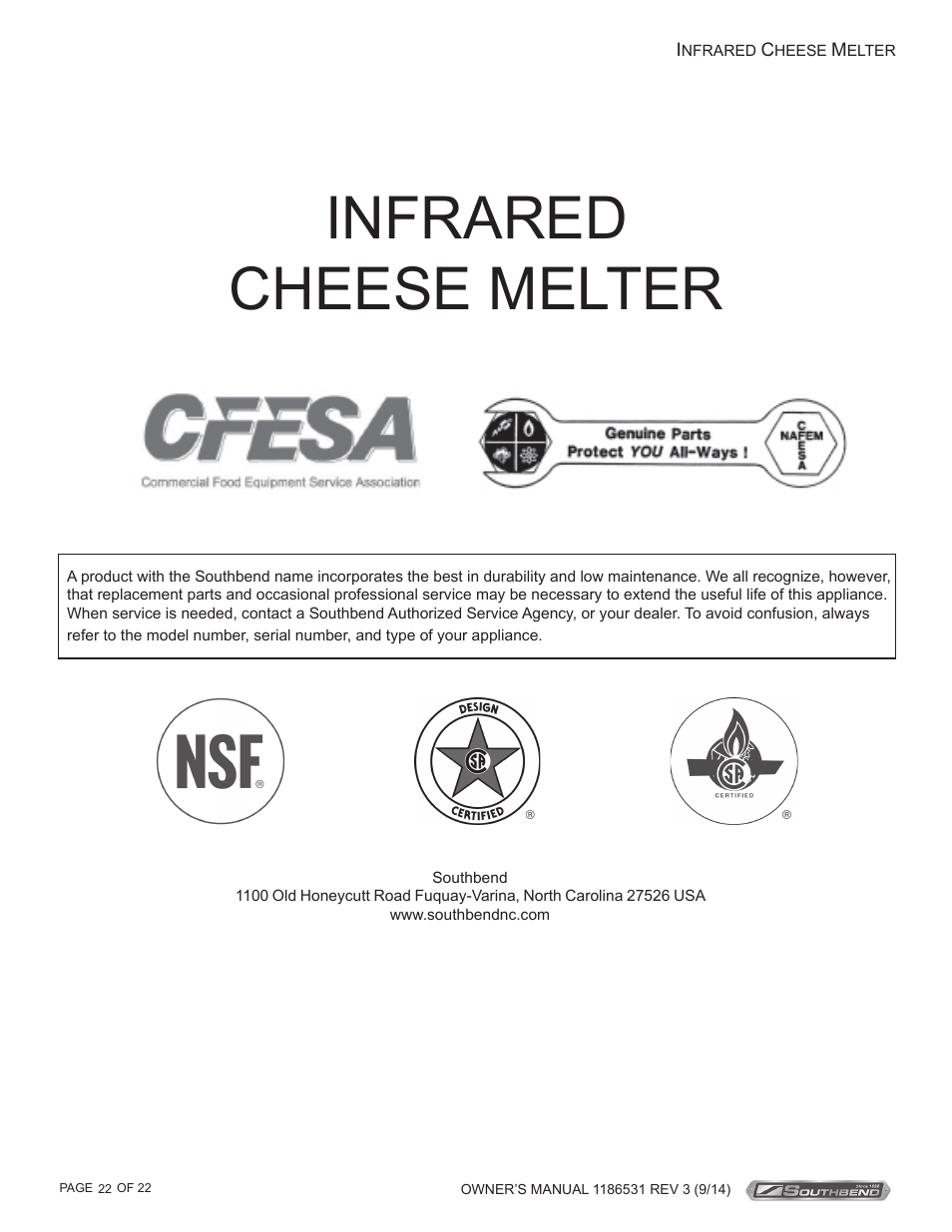 Infrared cheese melter | Southbend Cheese Melters User Manual | Page 22 / 22