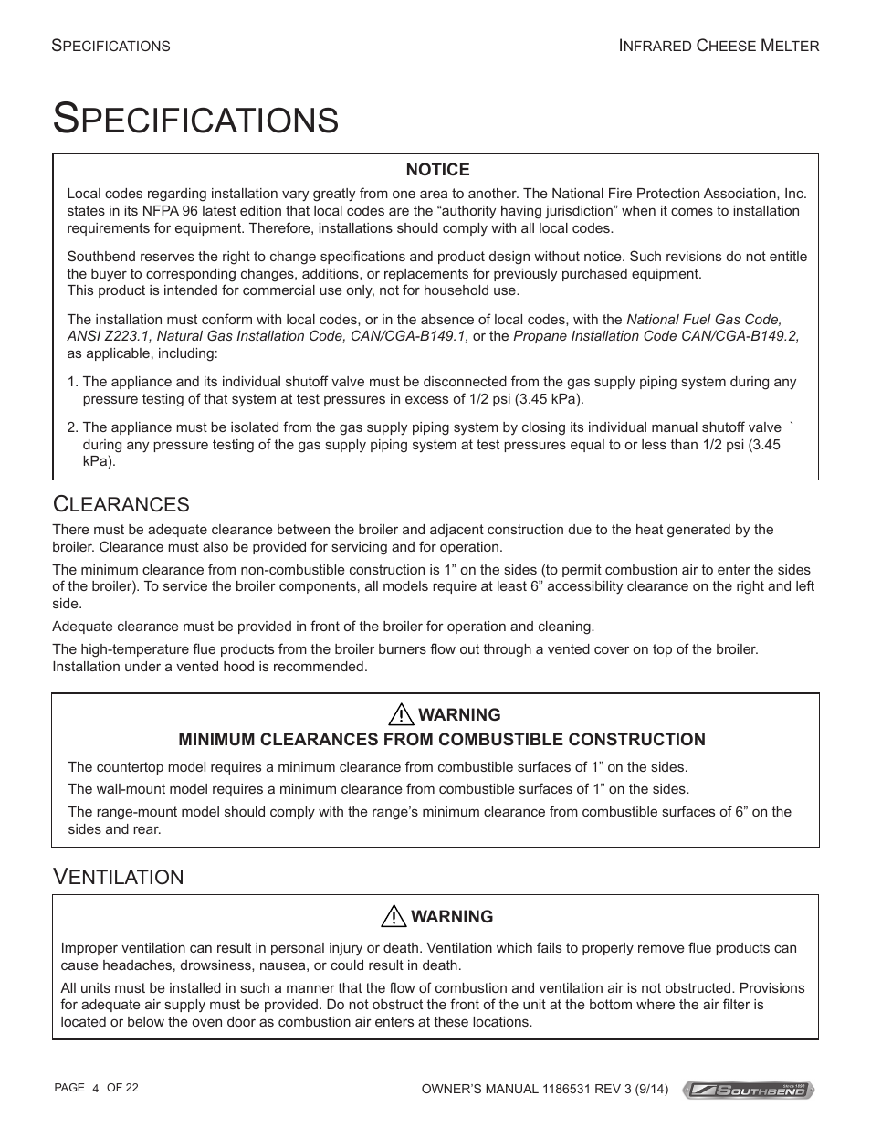 Pecifications, Learances, Entilation | Southbend Cheese Melters User Manual | Page 4 / 22