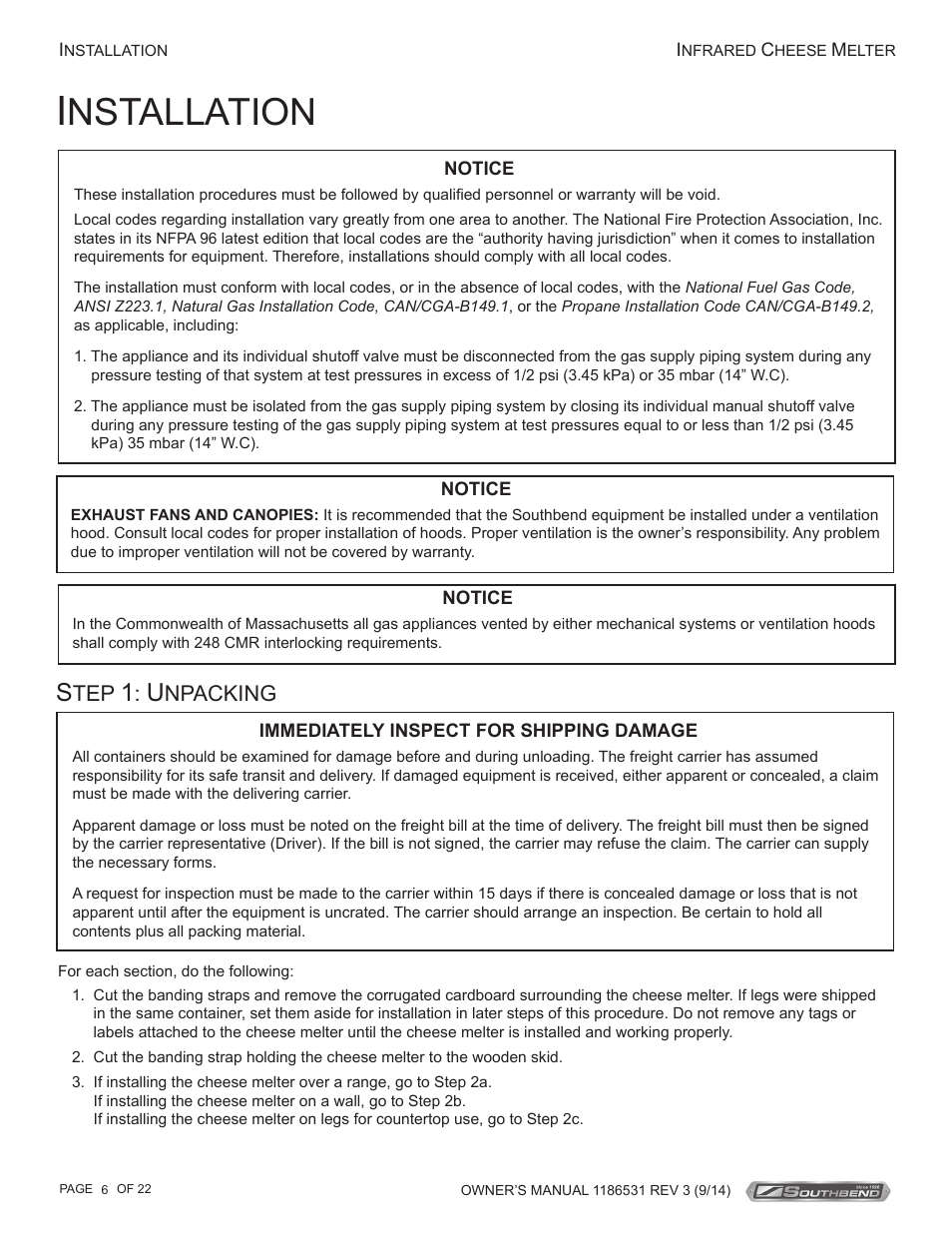 Nstallation, Npacking | Southbend Cheese Melters User Manual | Page 6 / 22