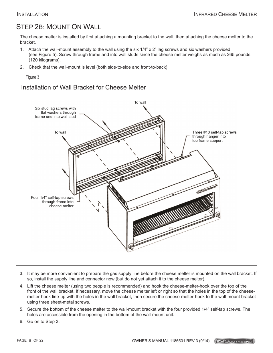 Installation of wall bracket for cheese melter, Ount | Southbend Cheese Melters User Manual | Page 8 / 22