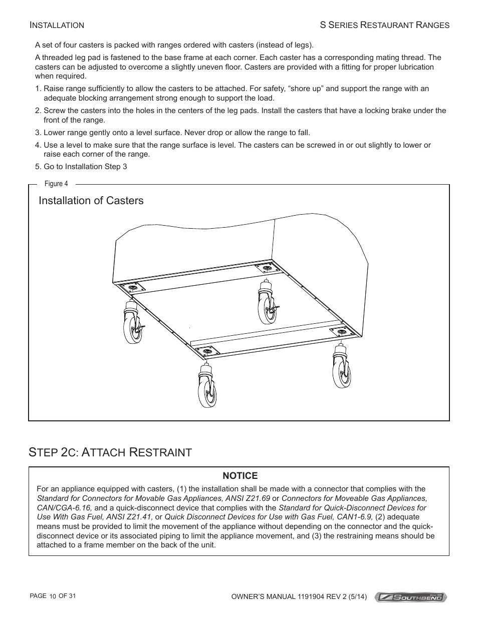 Ttach, Estraint, Installation of casters | Southbend S Series Restaurant Ranges User Manual | Page 10 / 31