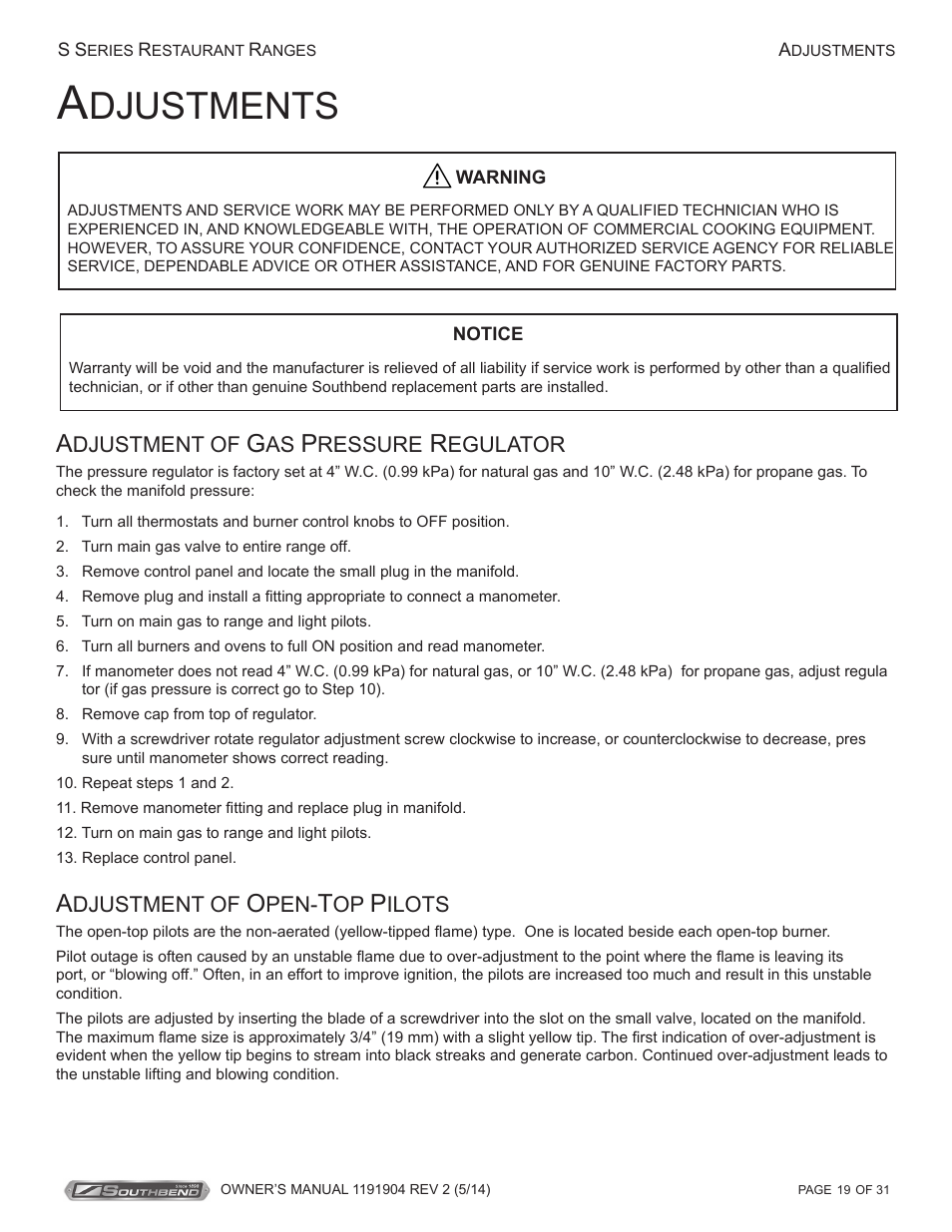 Djustments | Southbend S Series Restaurant Ranges User Manual | Page 19 / 31