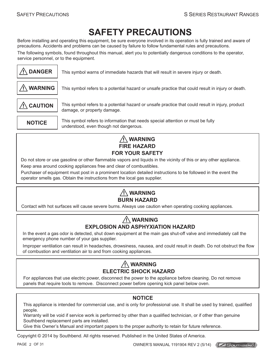 Safety precautions | Southbend S Series Restaurant Ranges User Manual | Page 2 / 31