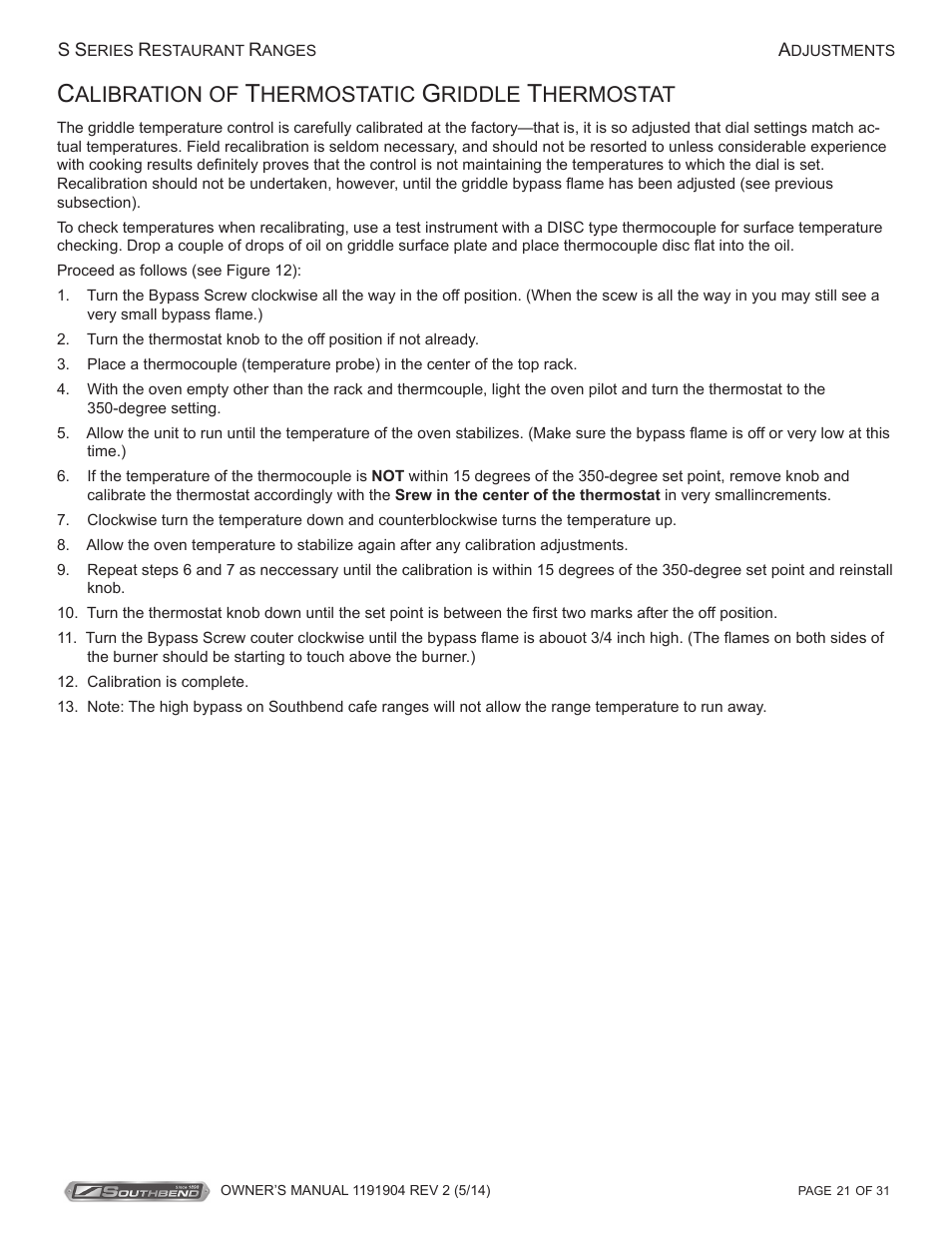 Alibration of, Hermostatic, Riddle | Hermostat | Southbend S Series Restaurant Ranges User Manual | Page 21 / 31