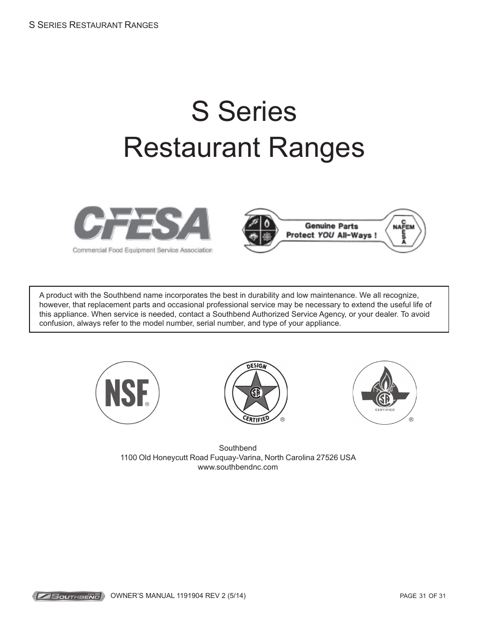 S series restaurant ranges | Southbend S Series Restaurant Ranges User Manual | Page 31 / 31