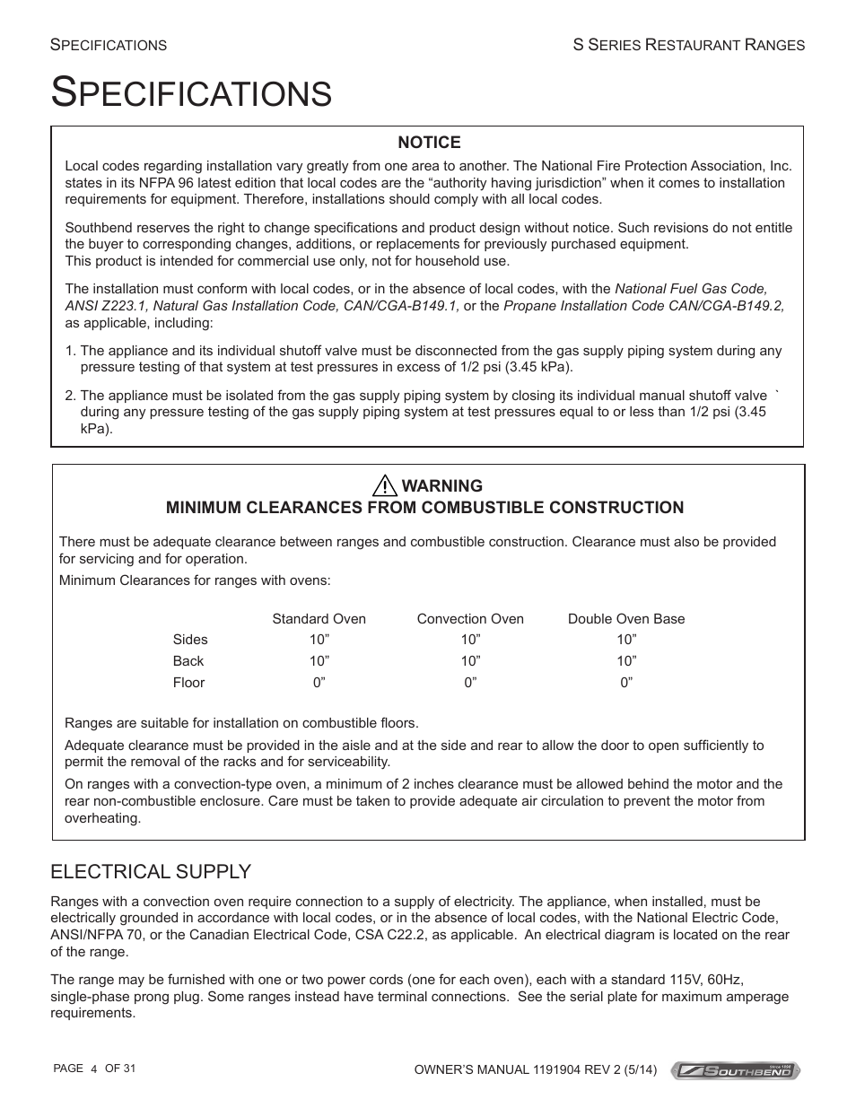 Pecifications, Electrical supply | Southbend S Series Restaurant Ranges User Manual | Page 4 / 31