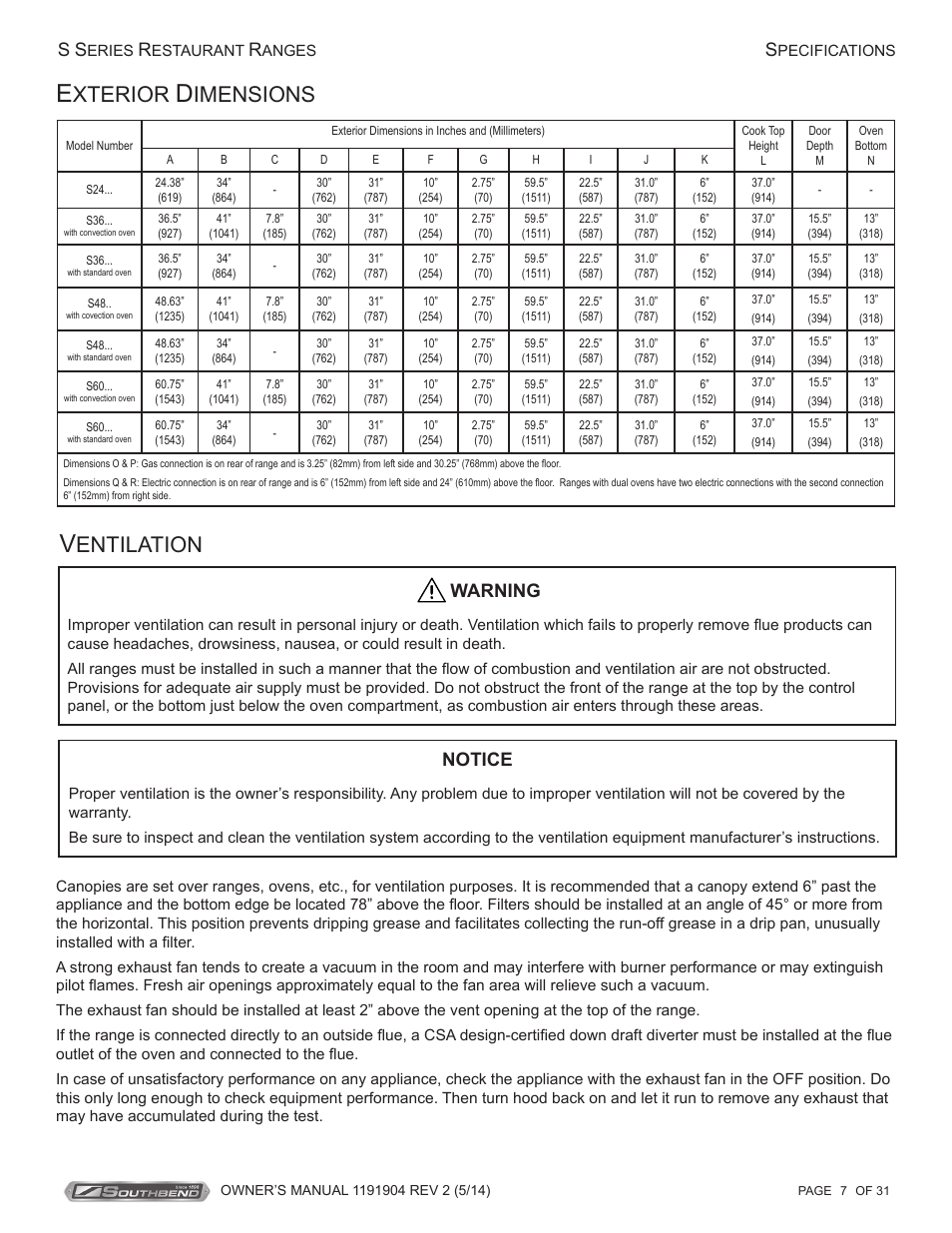 Xterior, Imensions, Entilation | Warning, Notice | Southbend S Series Restaurant Ranges User Manual | Page 7 / 31