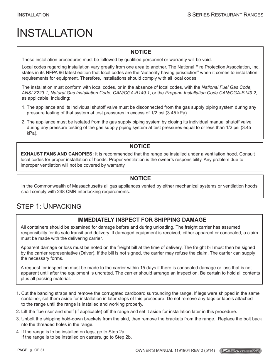 Nstallation, Npacking | Southbend S Series Restaurant Ranges User Manual | Page 8 / 31