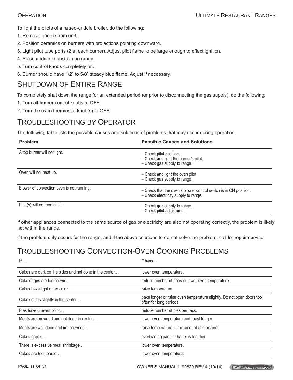 Roubleshooting by, Perator, Roubleshooting | Onvection, Ooking, Roblems, Hutdown of, Ntire, Ange | Southbend 4601DD-2RR User Manual | Page 14 / 34