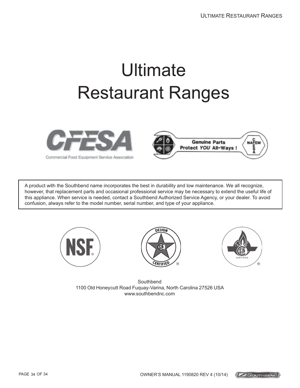 Ultimate restaurant ranges | Southbend 4601DD-2RR User Manual | Page 34 / 34