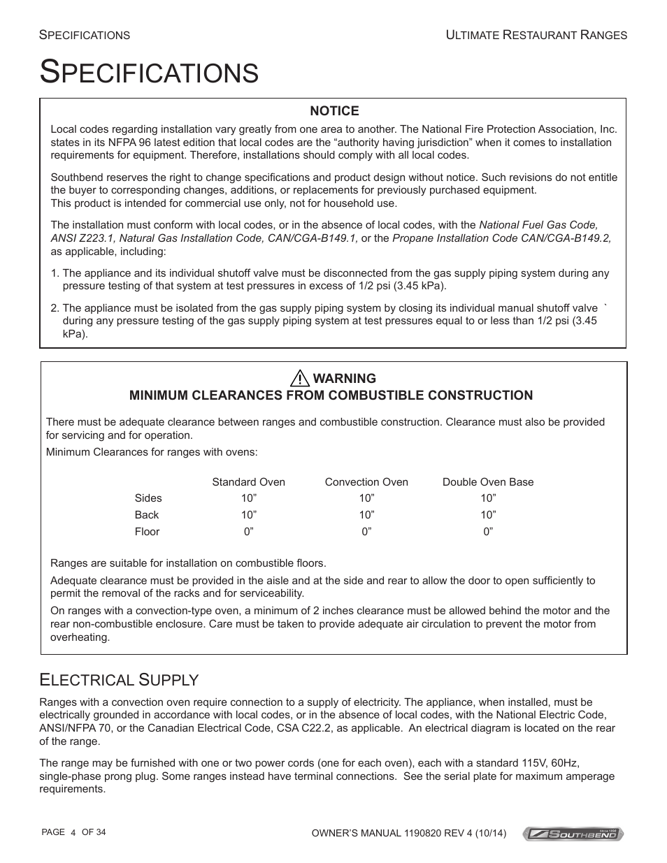 Pecifications, Lectrical, Upply | Southbend 4601DD-2RR User Manual | Page 4 / 34