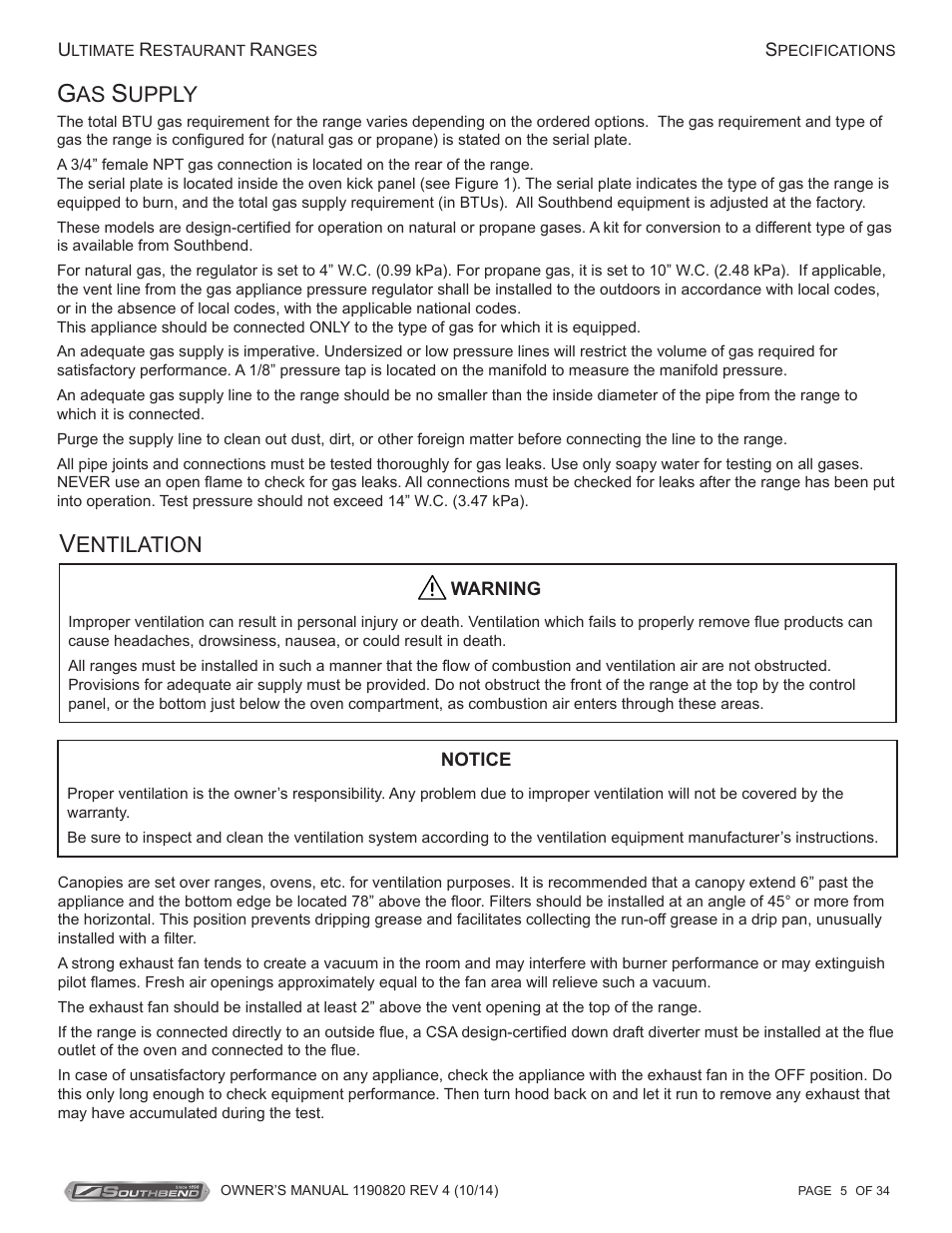 Upply, Entilation | Southbend 4601DD-2RR User Manual | Page 5 / 34