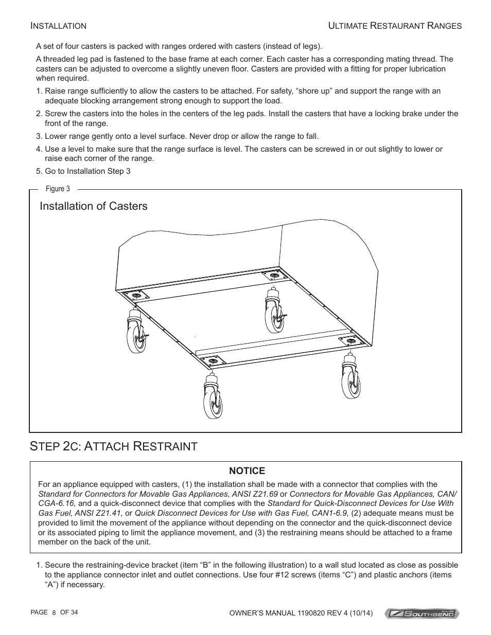 Ttach, Estraint, Installation of casters | Southbend 4601DD-2RR User Manual | Page 8 / 34