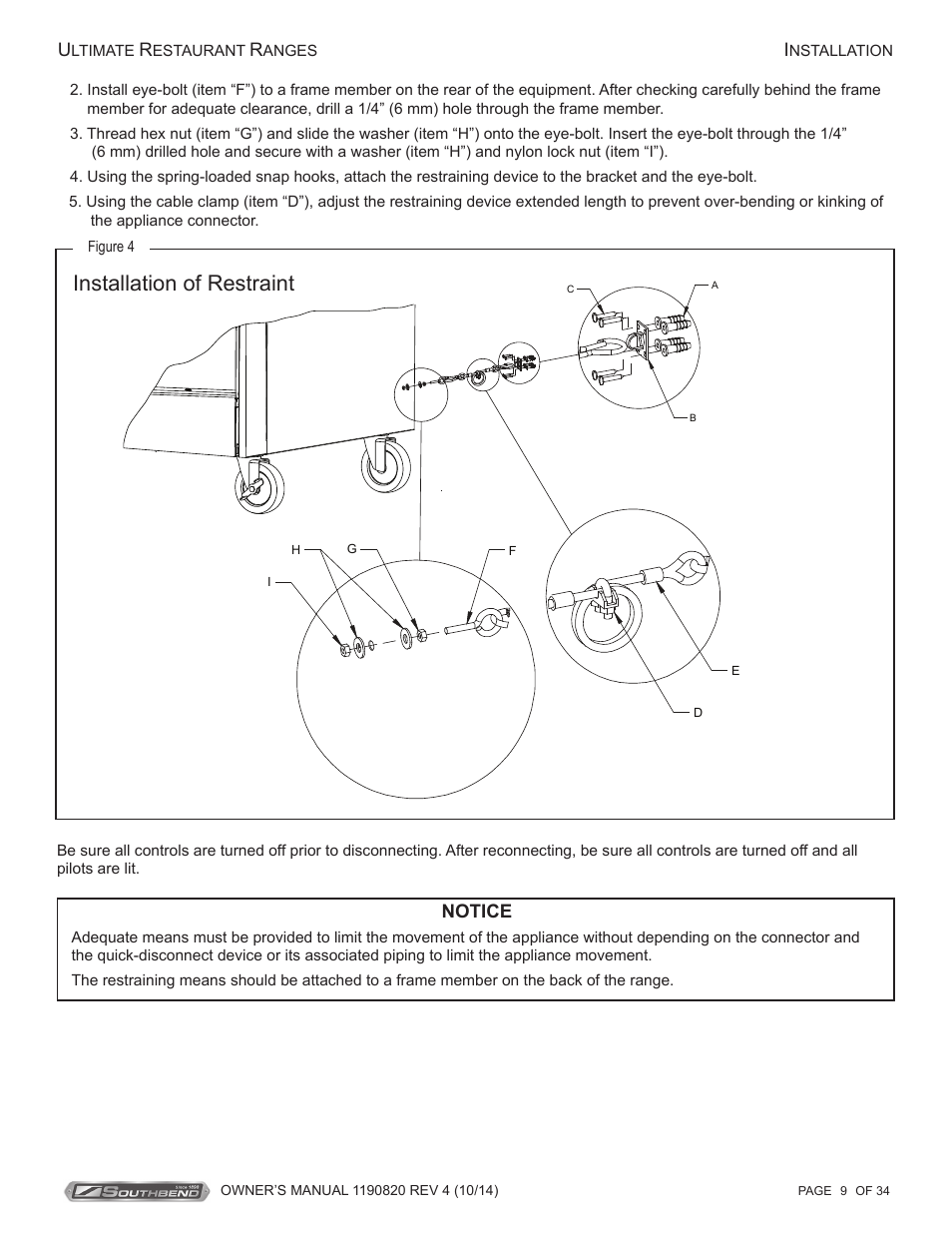 Installation of restraint, Notice | Southbend 4601DD-2RR User Manual | Page 9 / 34