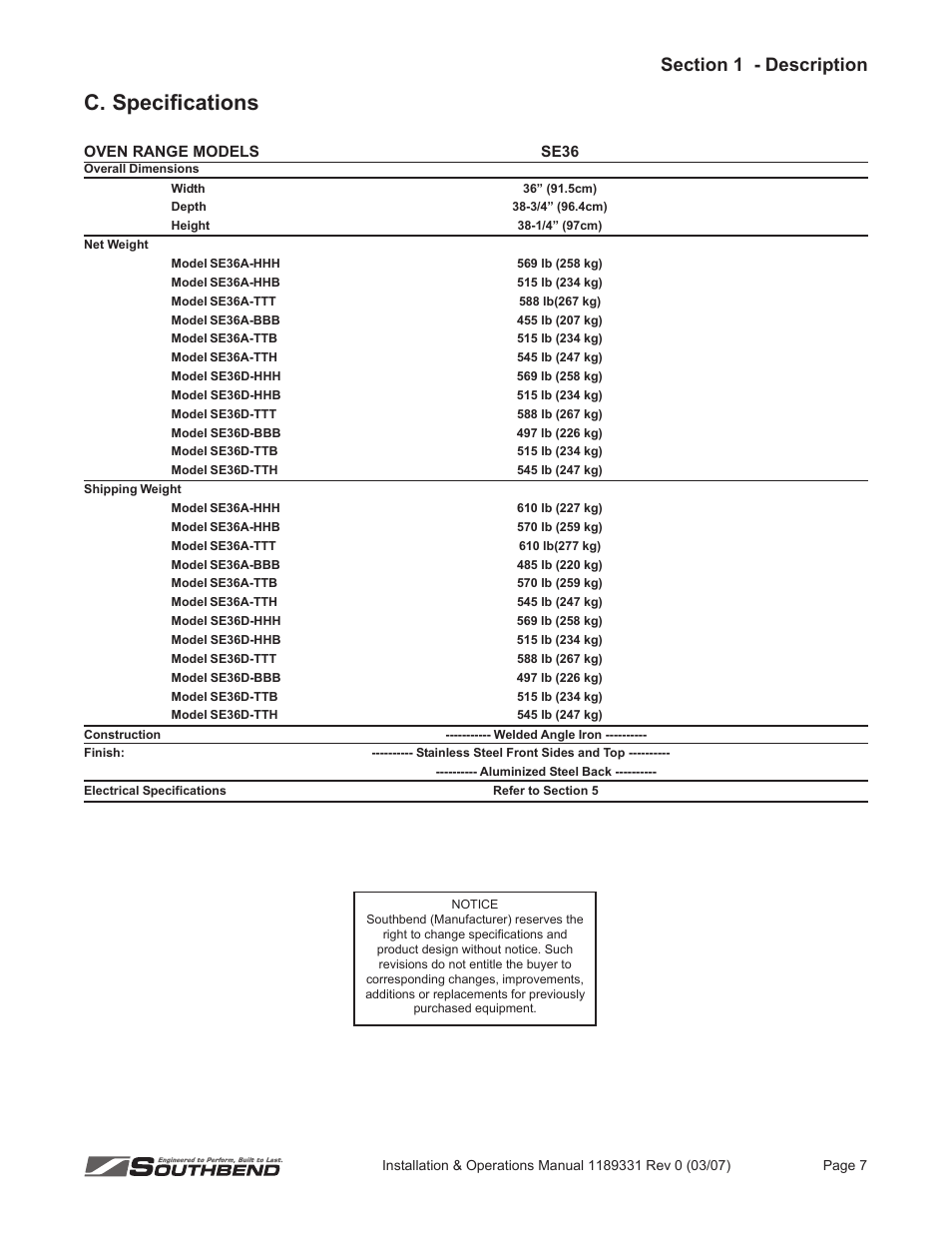 C. specifications | Southbend SE36 User Manual | Page 11 / 88