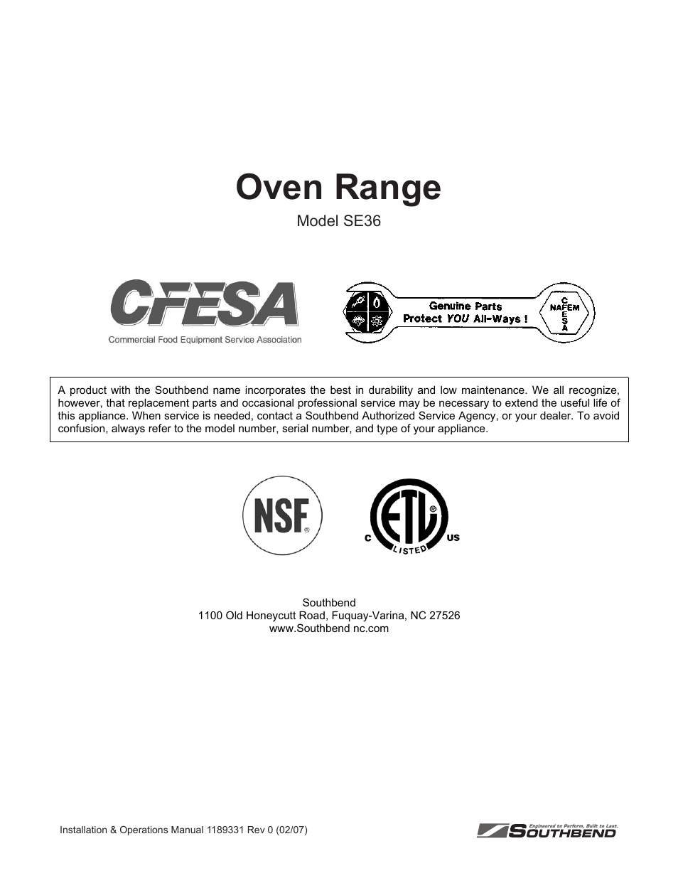 Oven range | Southbend SE36 User Manual | Page 88 / 88