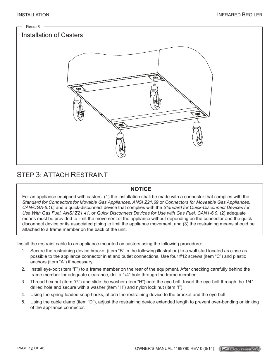 Installation of casters, Ttach, Estraint | Southbend P32D-171 User Manual | Page 12 / 46