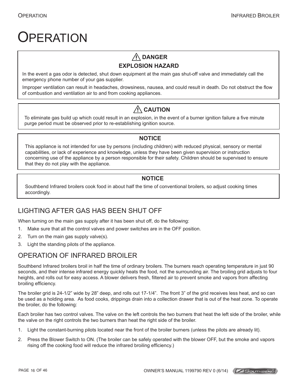 Peration, Lighting after gas has been shut off, Operation of infrared broiler | Southbend P32D-171 User Manual | Page 16 / 46